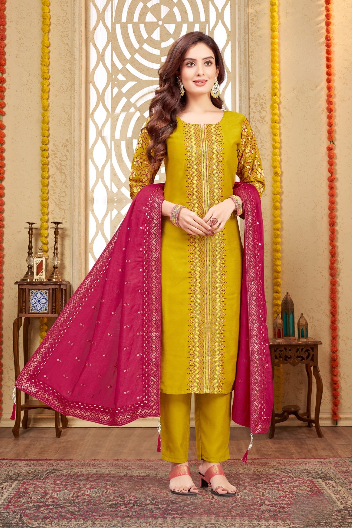 Vibrant Yellow Straight-Cut Pant Dress with Intricate Embroidery and Contrasting Magenta Dupatta