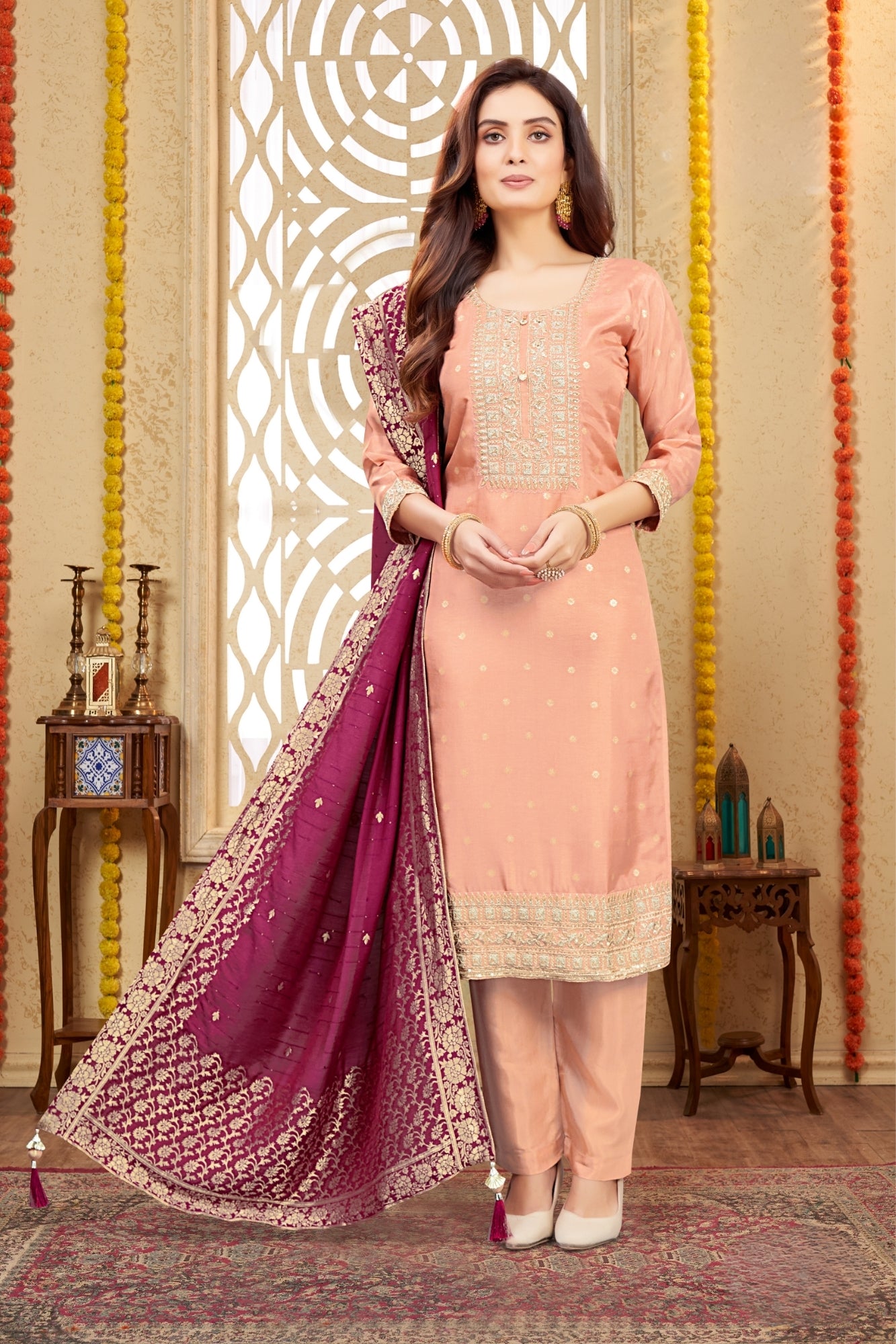 Peach Embroidered Pant Dress with a Banarasi Dupatta