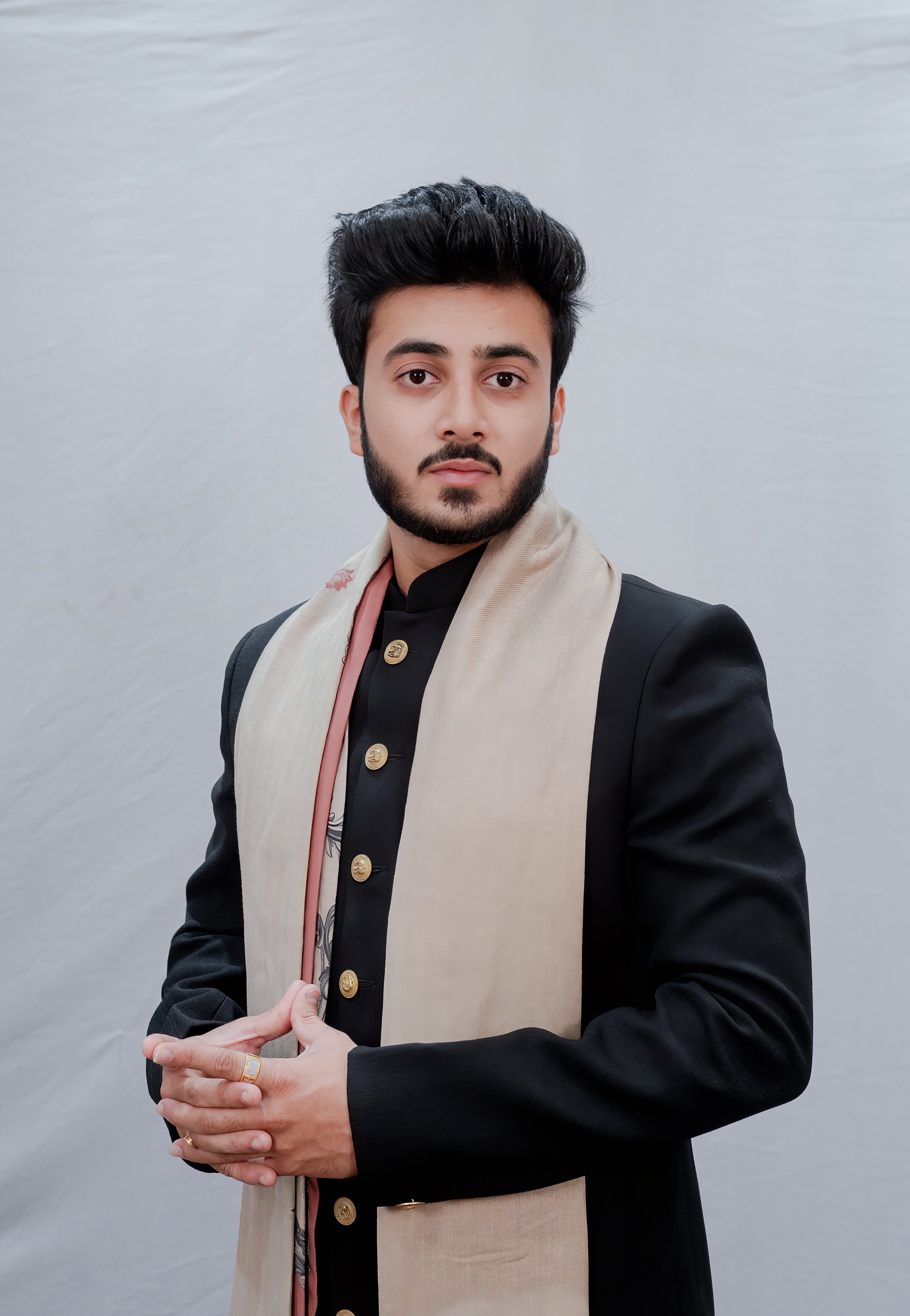 Premium Black Sherwani with Gold Buttons and Cultural Printed Beige Stole