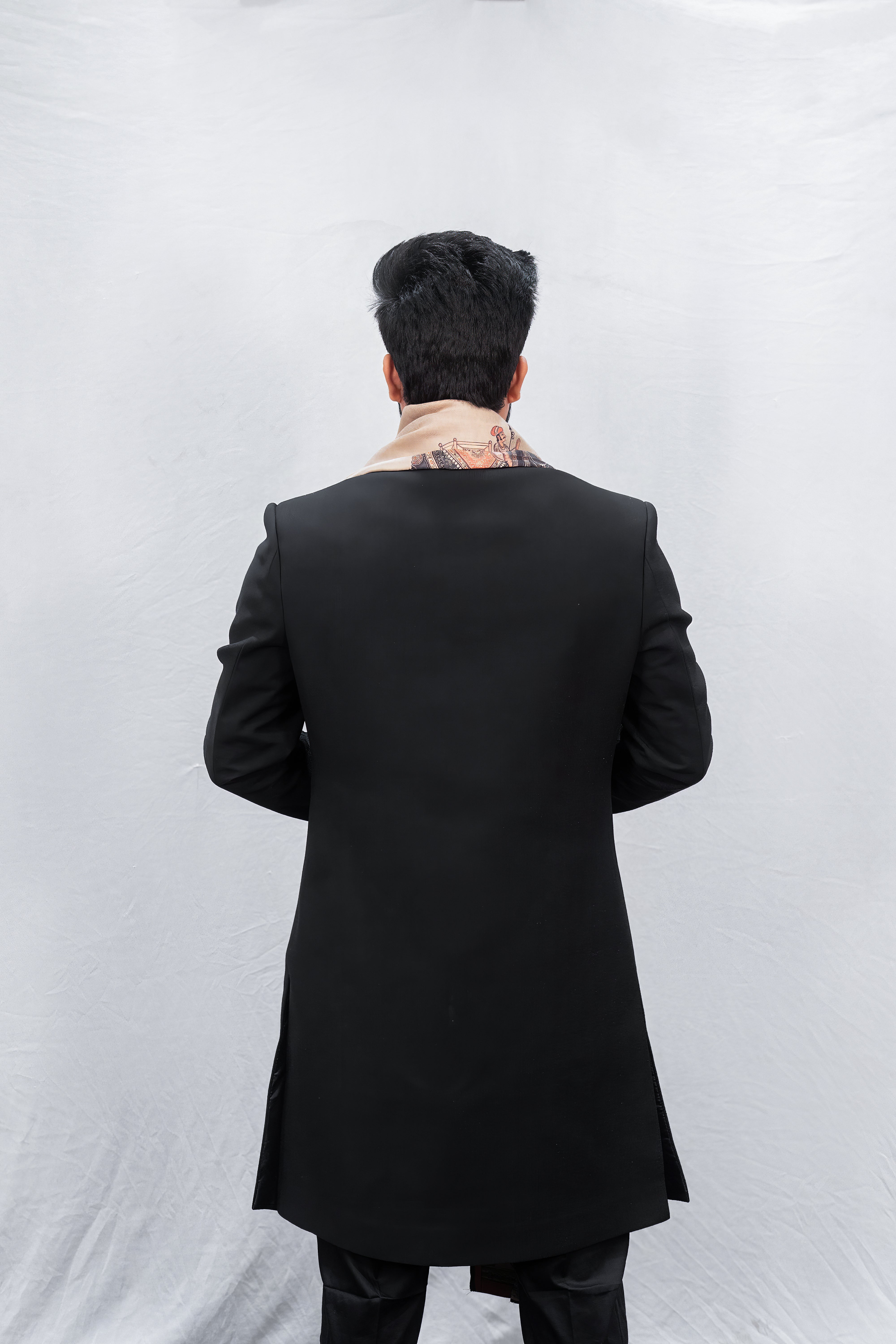 Premium Black Sherwani with Gold Buttons and Cultural Printed Beige Stole