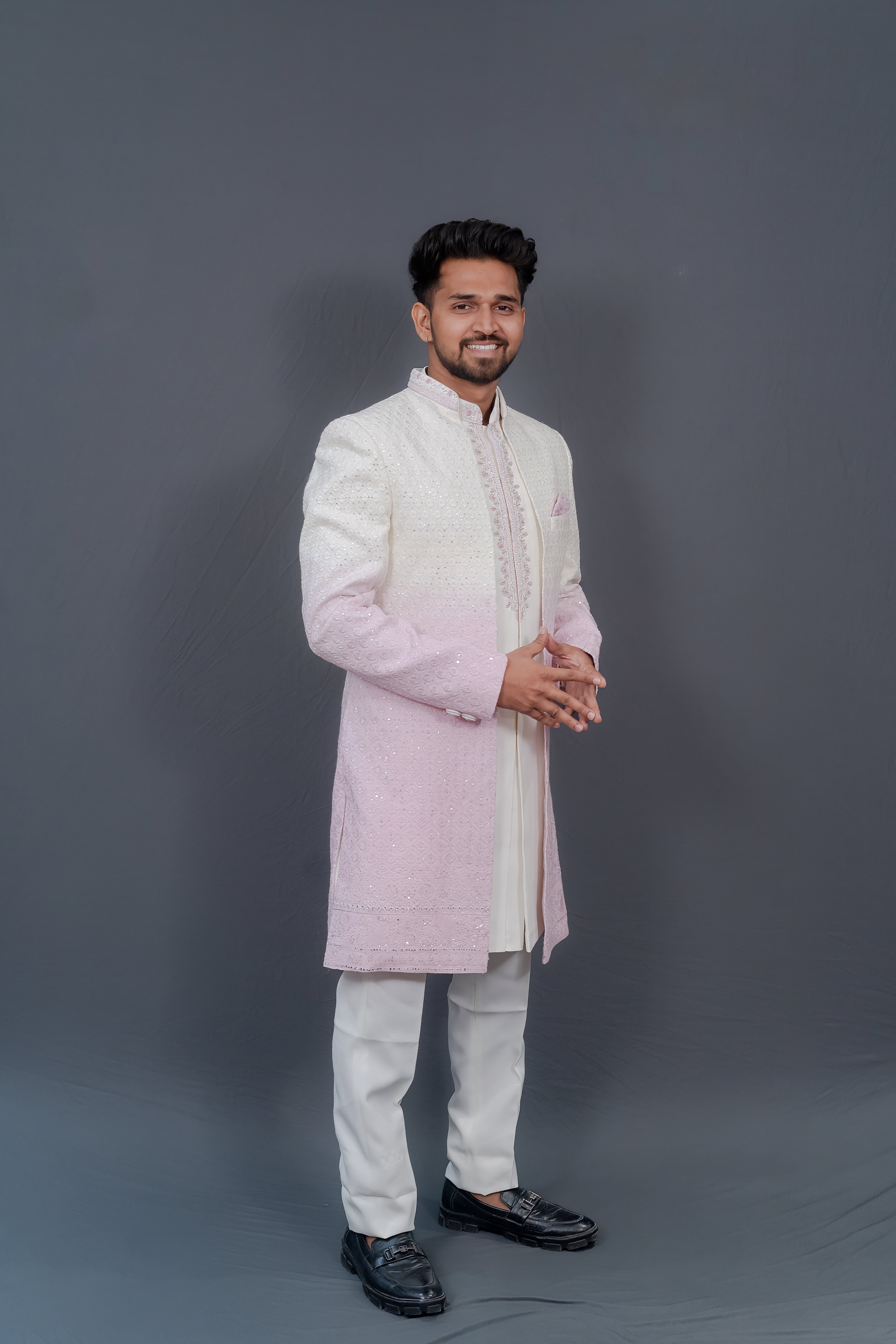 Ivory and Pink Gradient Embroidered Sherwani