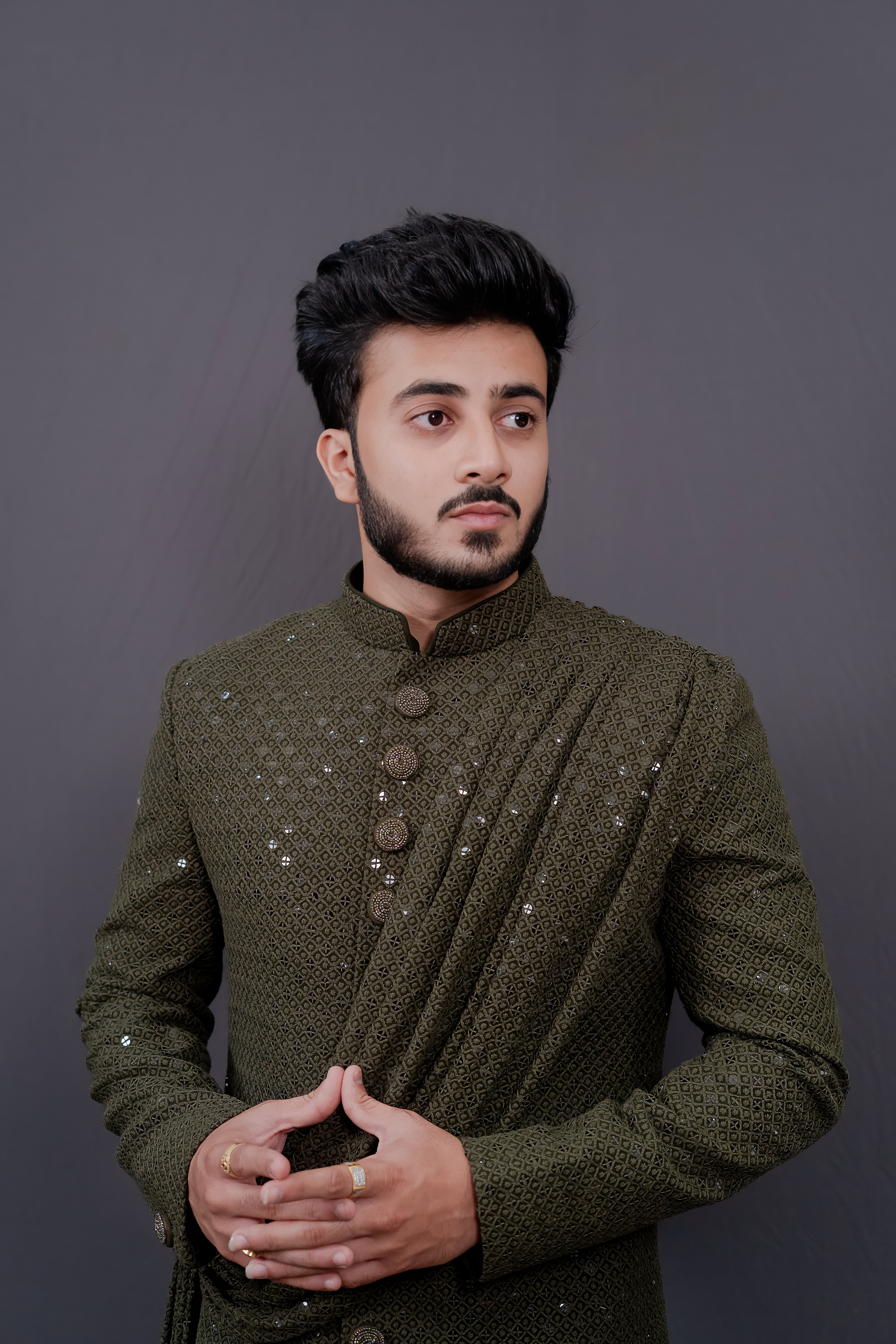 Men's Olive Green Sherwani with Attached Embroidered Drape