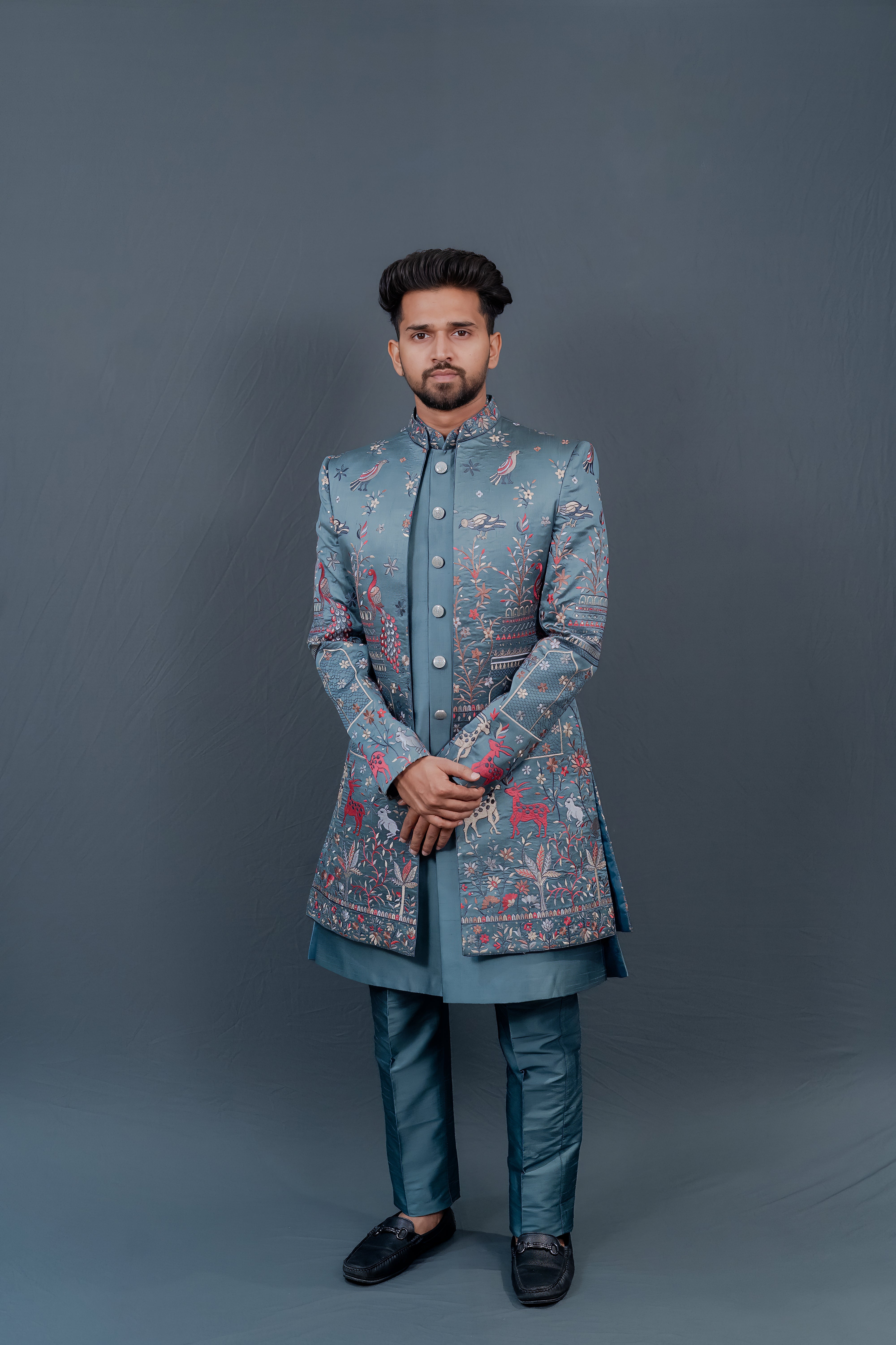 Elegant Teal Blue Embroidered Sherwani