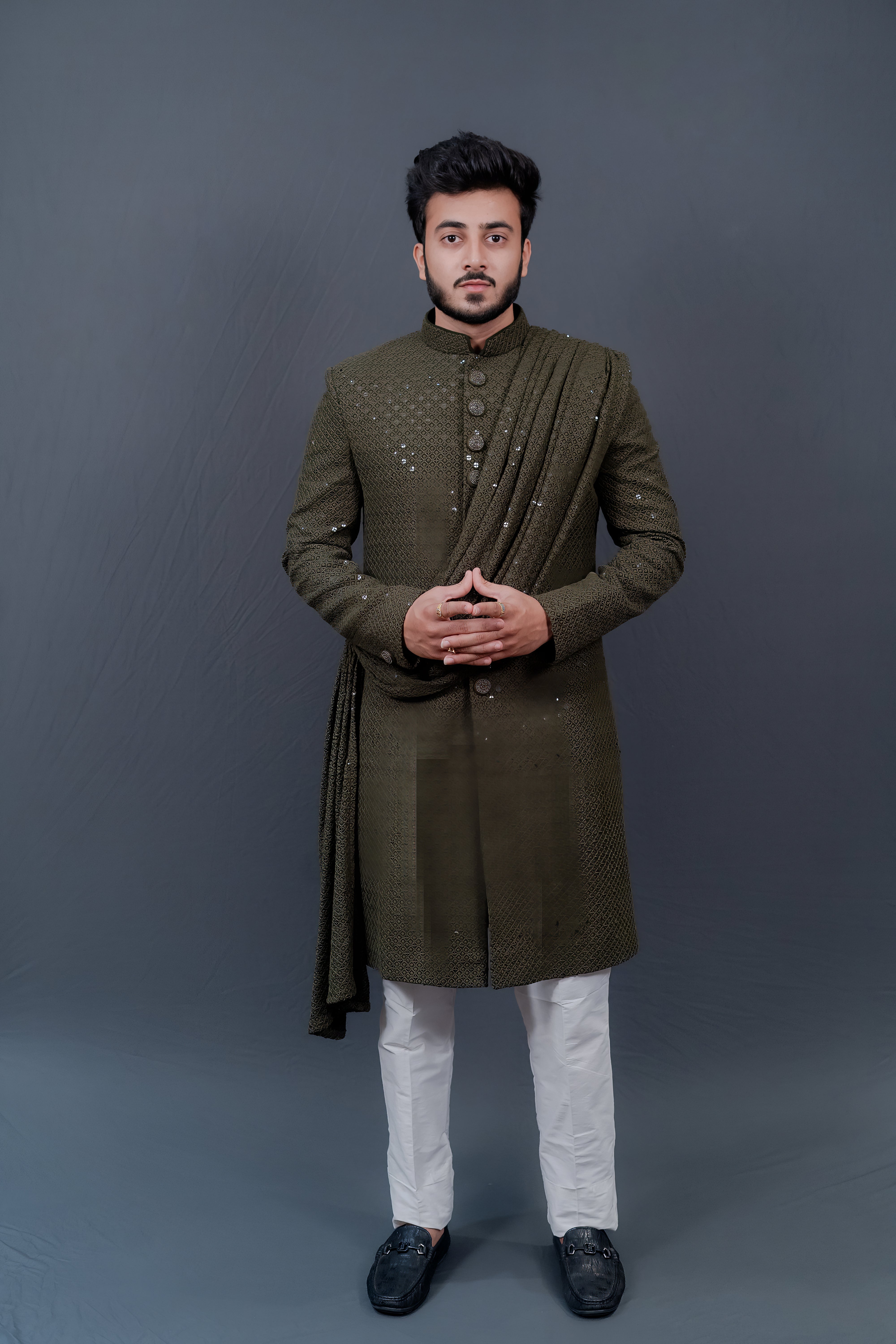 Men's Olive Green Sherwani with Attached Embroidered Drape