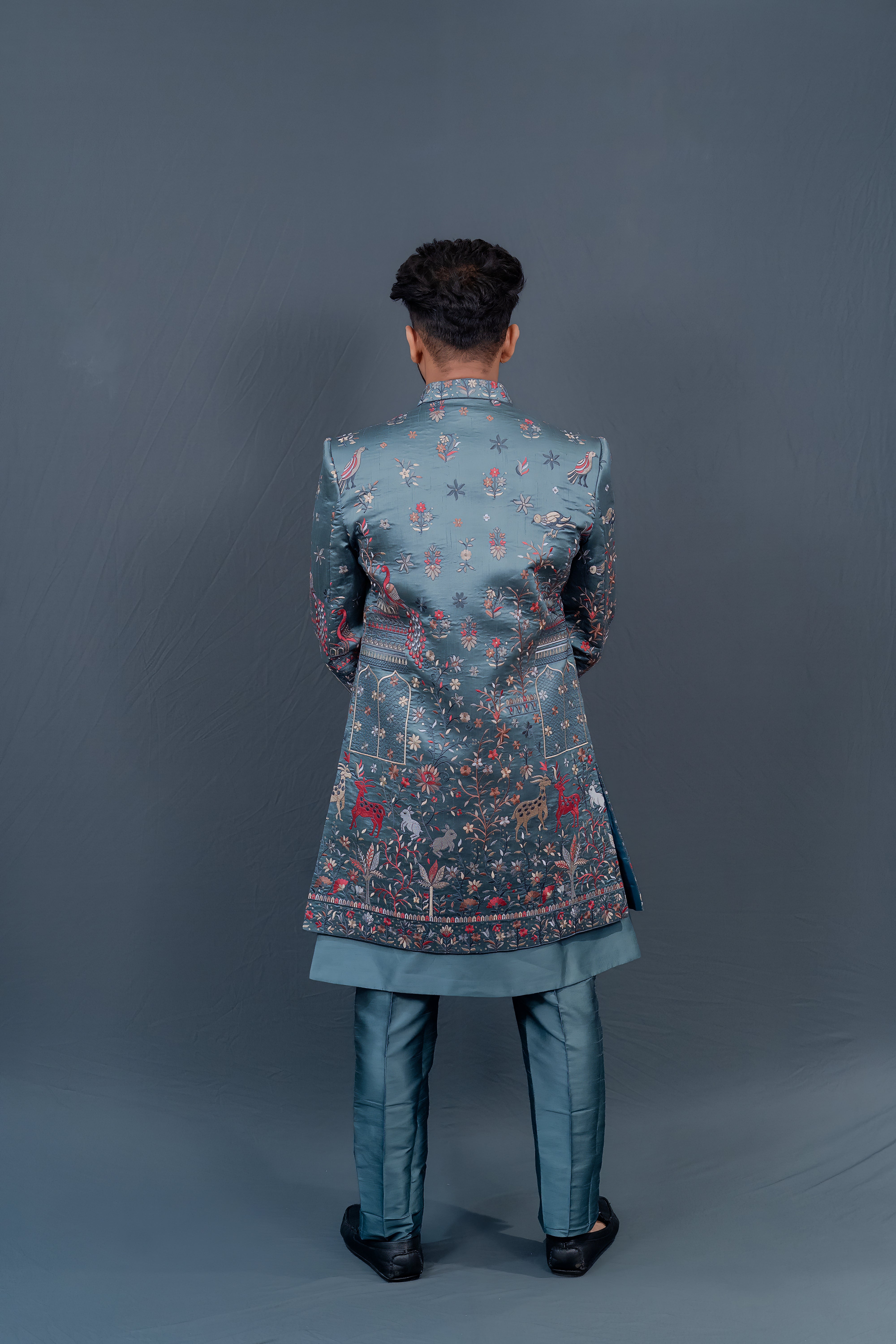 Elegant Teal Blue Embroidered Sherwani