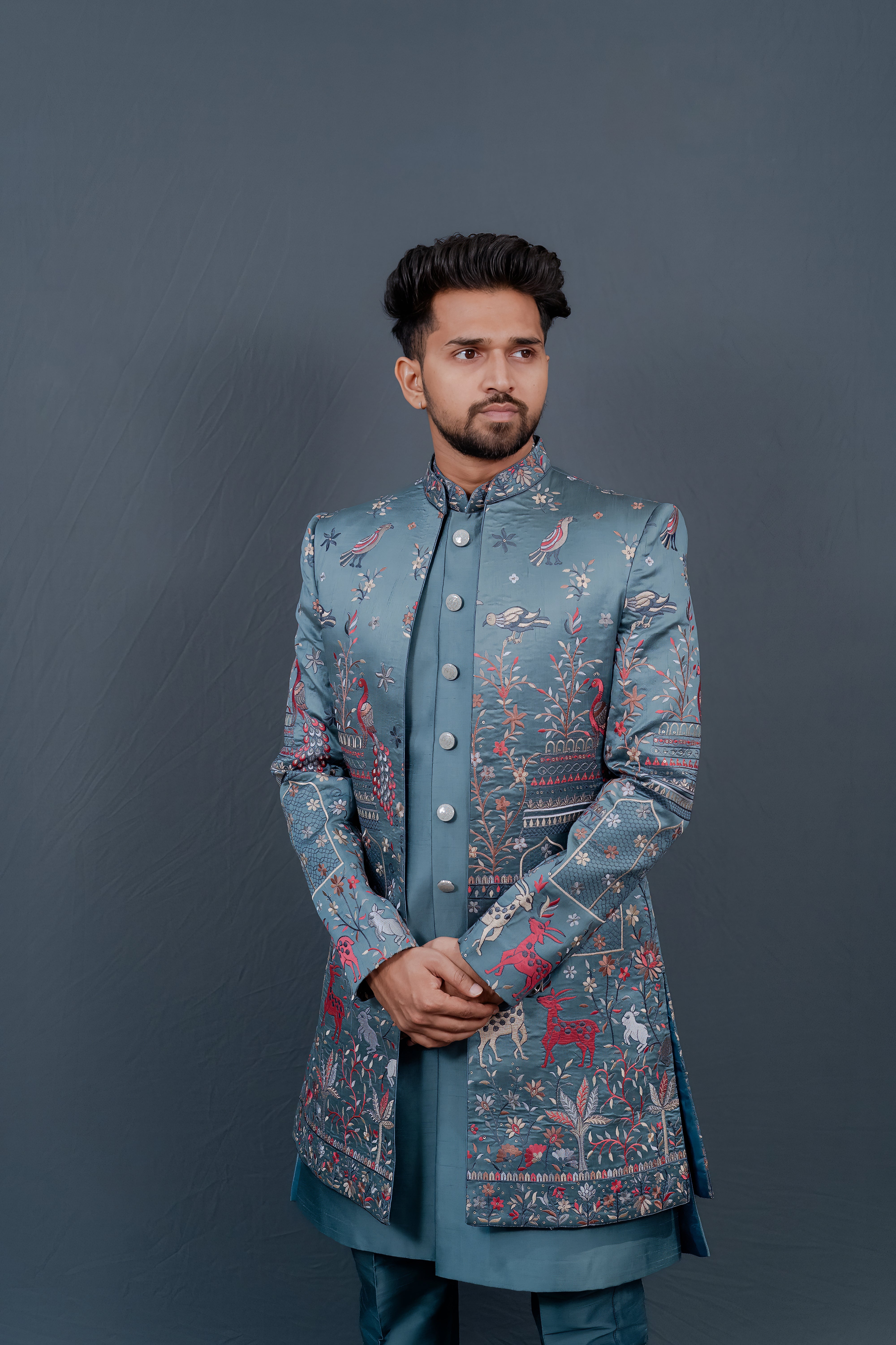 Elegant Teal Blue Embroidered Sherwani