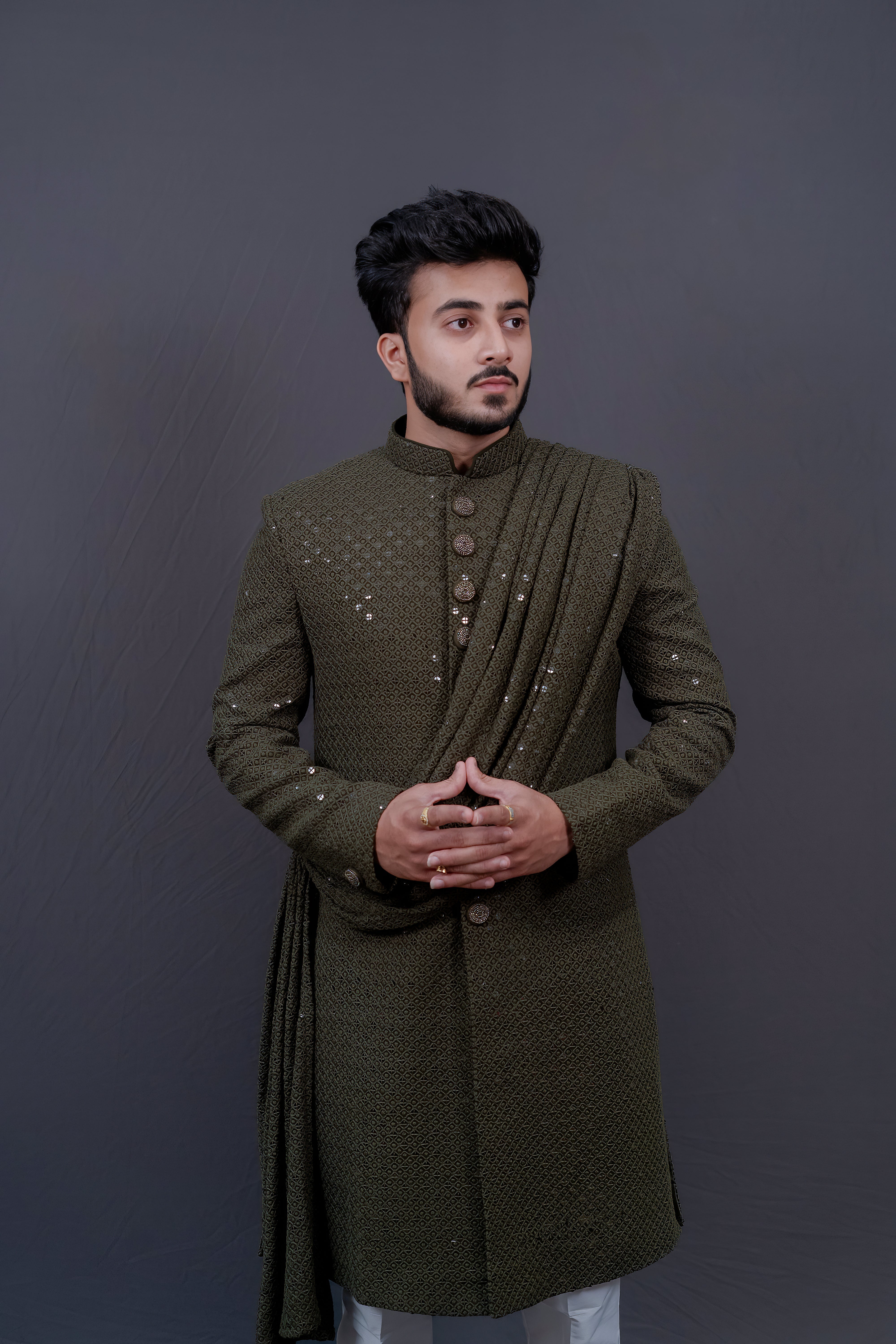 Men's Olive Green Sherwani with Attached Embroidered Drape