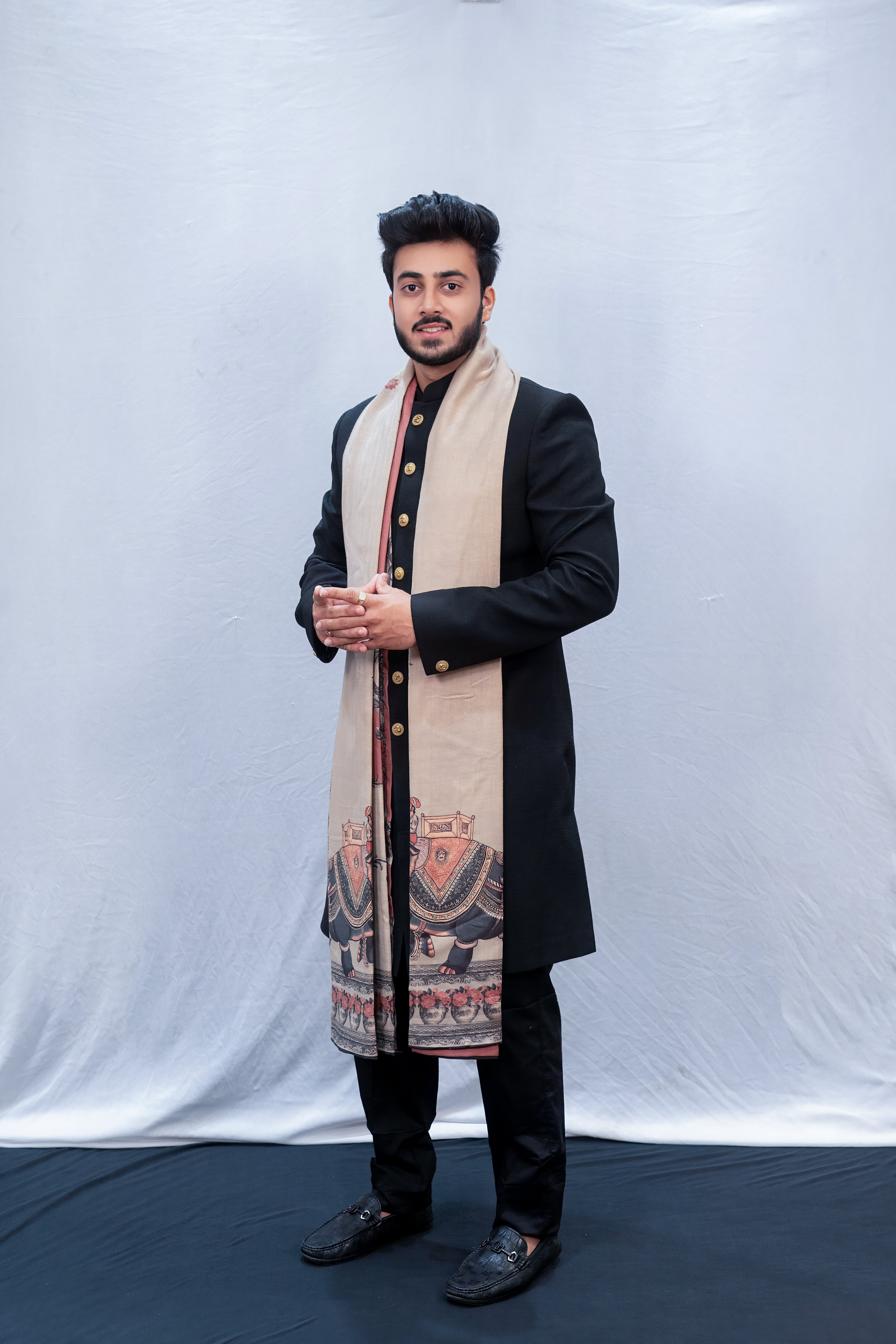 Premium Black Sherwani with Gold Buttons and Cultural Printed Beige Stole
