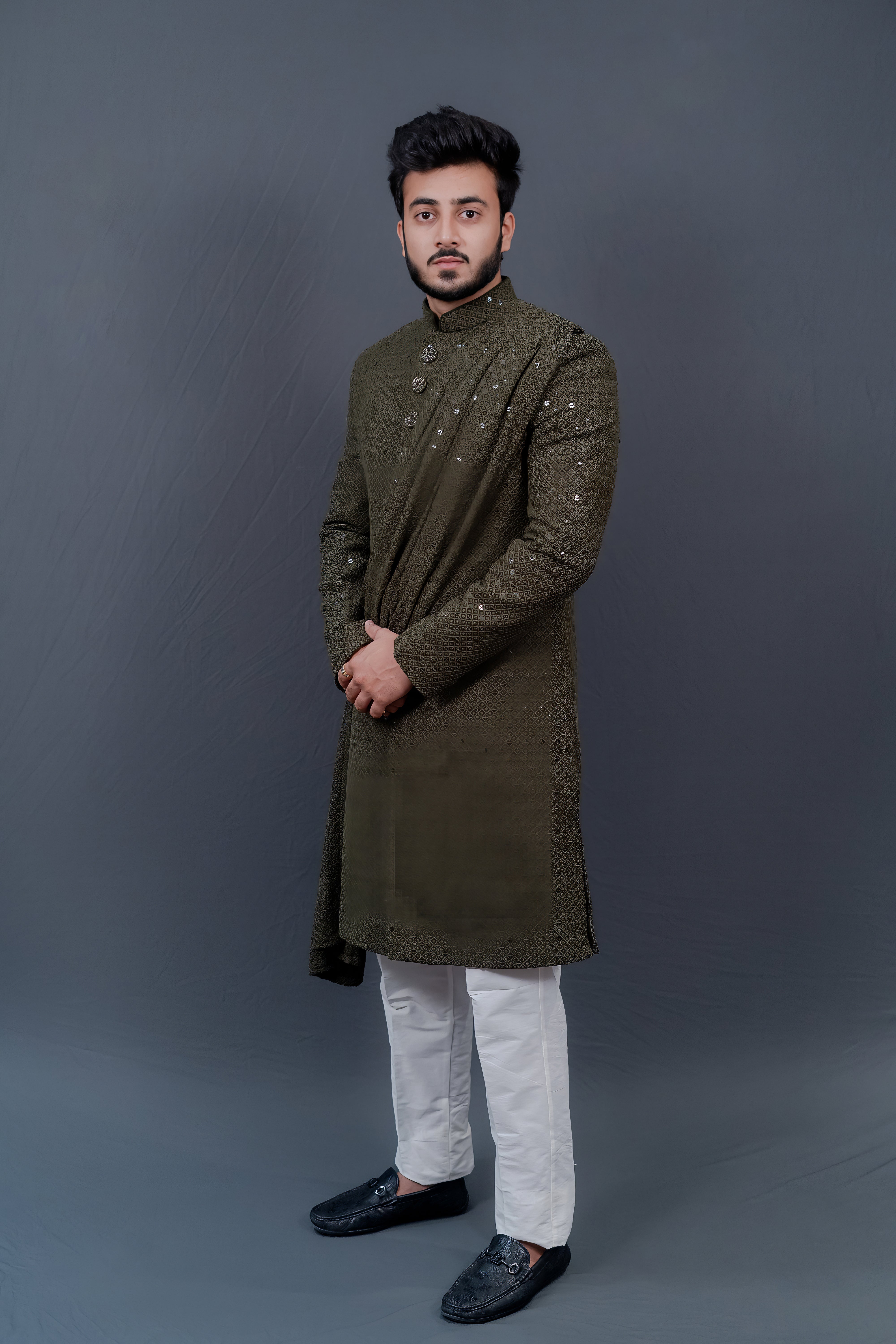 Men's Olive Green Sherwani with Attached Embroidered Drape