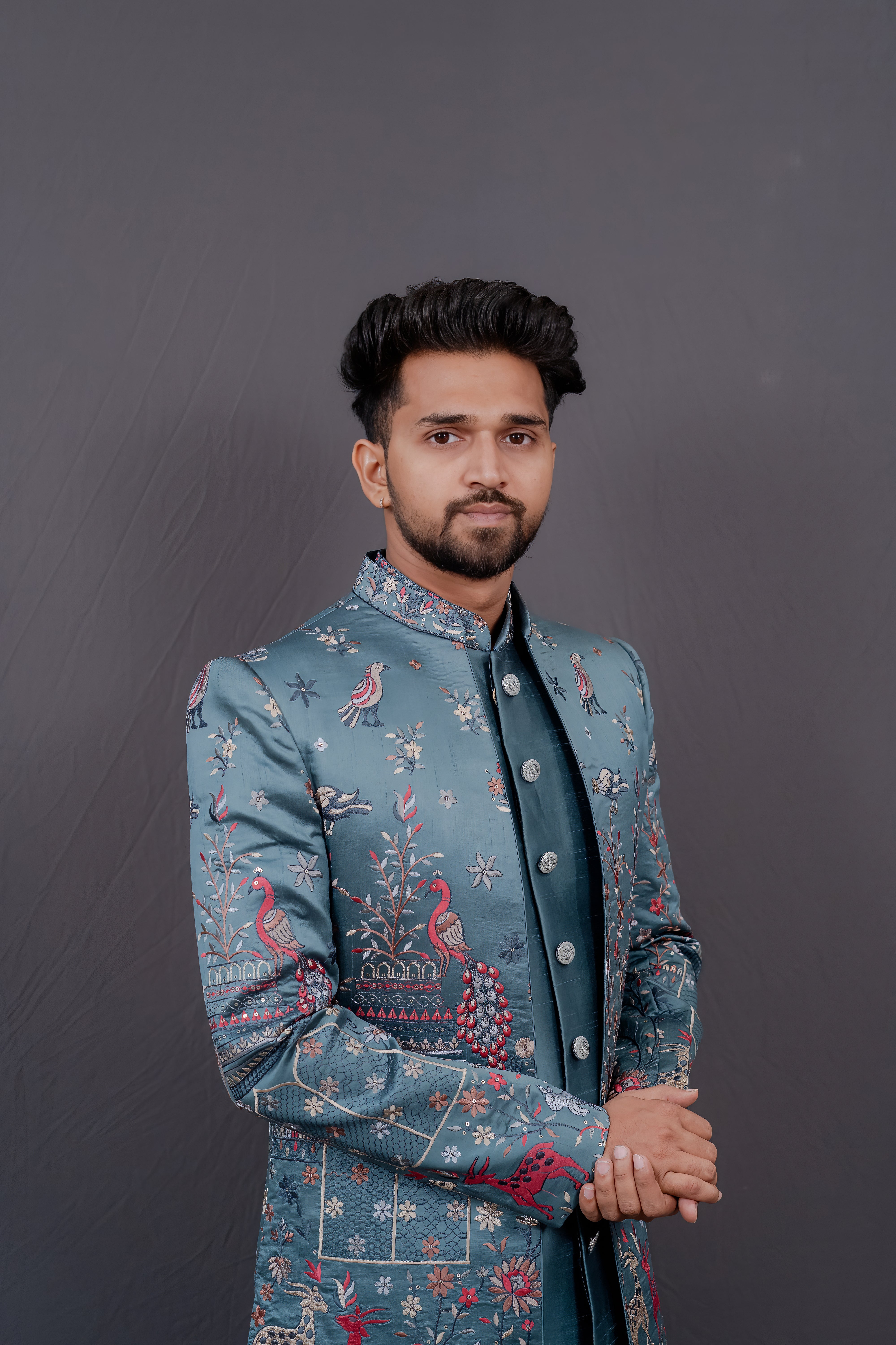 Elegant Teal Blue Embroidered Sherwani