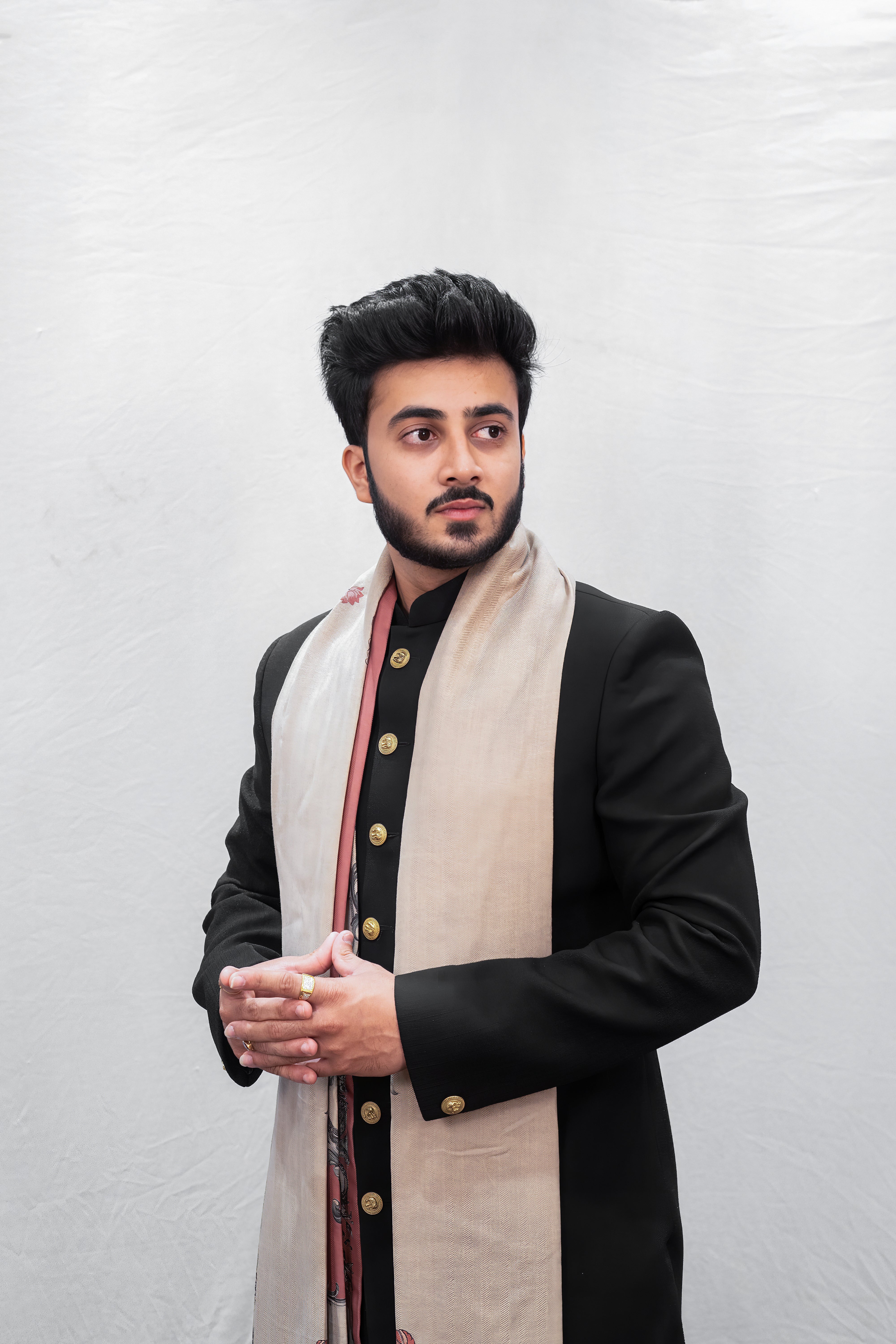 Premium Black Sherwani with Gold Buttons and Cultural Printed Beige Stole