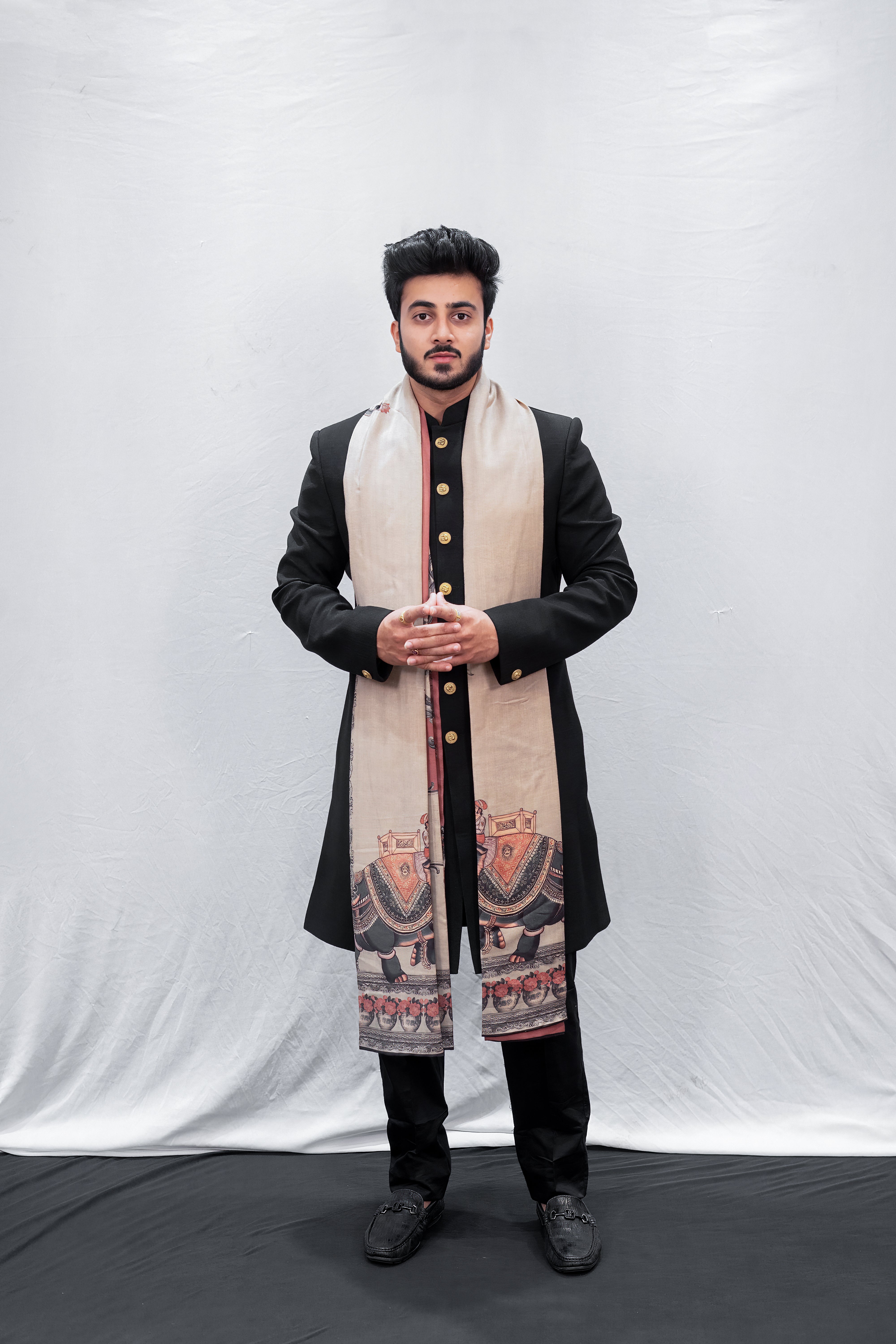 Premium Black Sherwani with Gold Buttons and Cultural Printed Beige Stole
