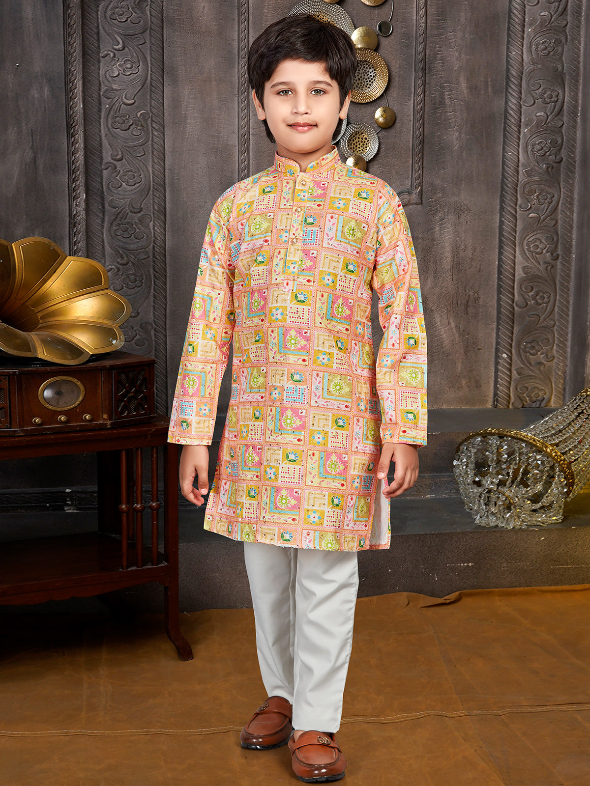 Golden And Peach Cotton Festive Kurta Set For Boys