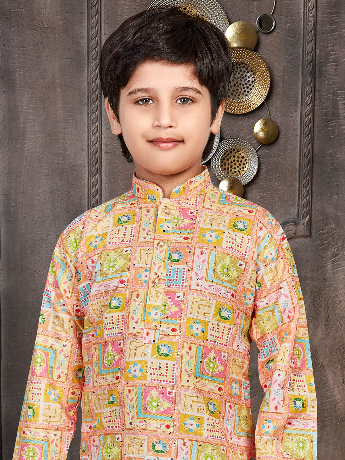 Golden And Peach Cotton Festive Kurta Set For Boys