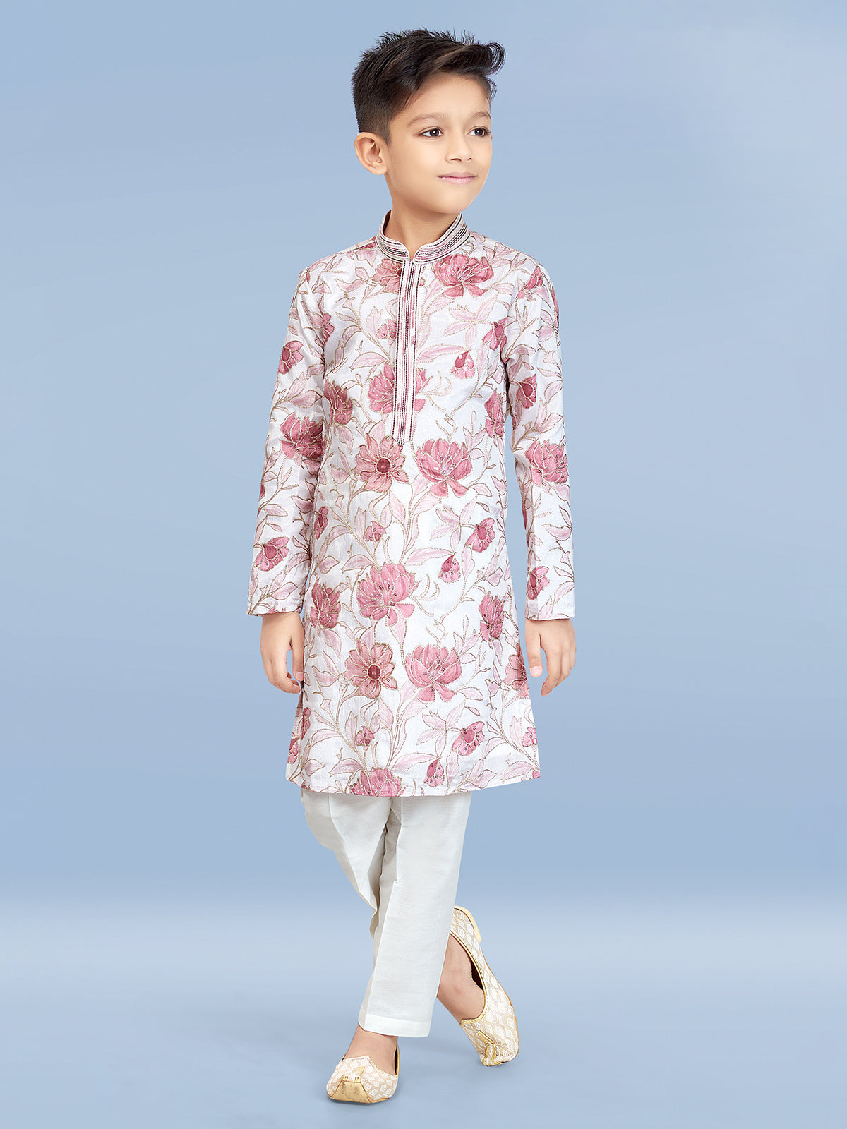 White and Peach printed cotton silk festive kurta suit for boys-bb