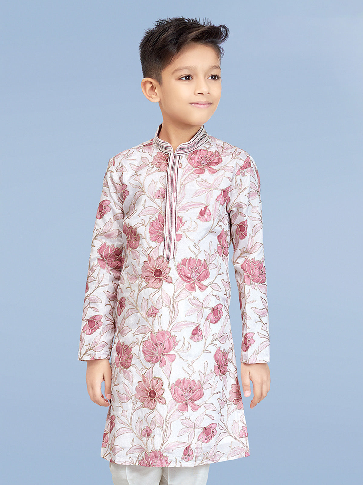White and Peach printed cotton silk festive kurta suit for boys-bb